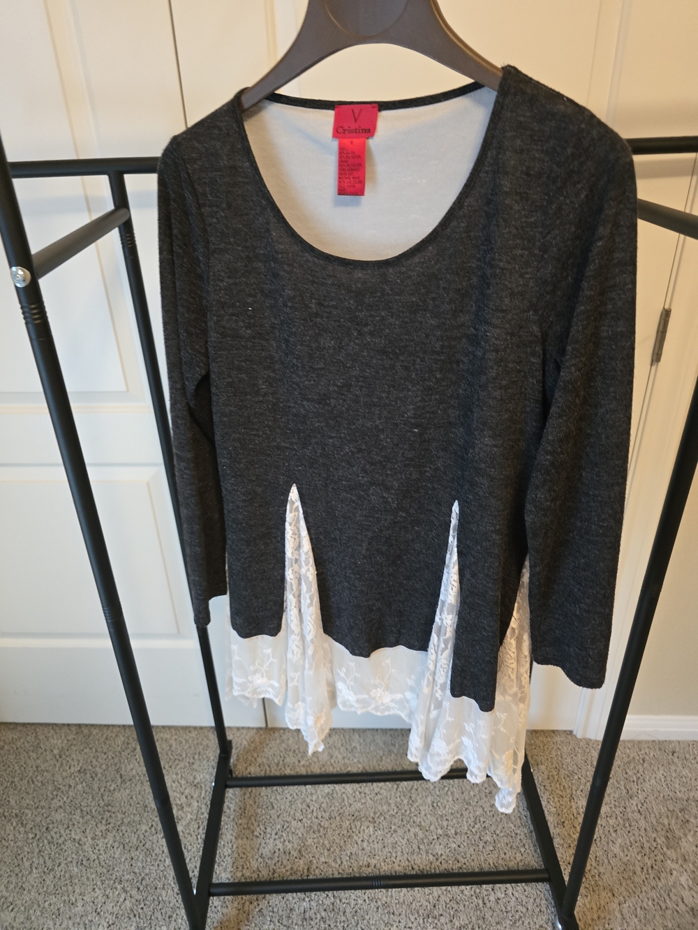 Christina Charcoal Gray Top with White Lace Hem